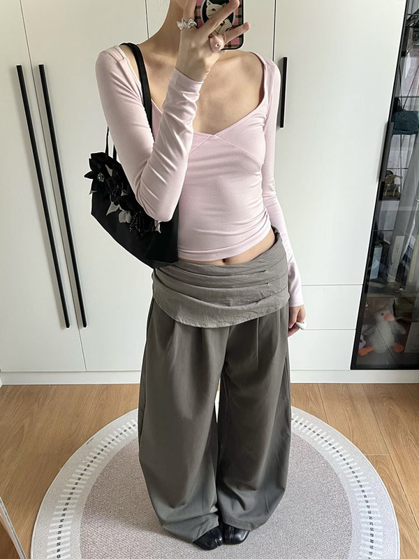 粉色V领正肩长袖t恤女2025新款早秋修身显瘦内搭打底衫上衣潮|undefined