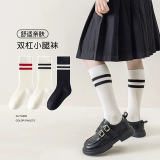 儿童袜子春秋季学院风双杠条纹男童女童小腿袜学生潮流长筒袜百搭
