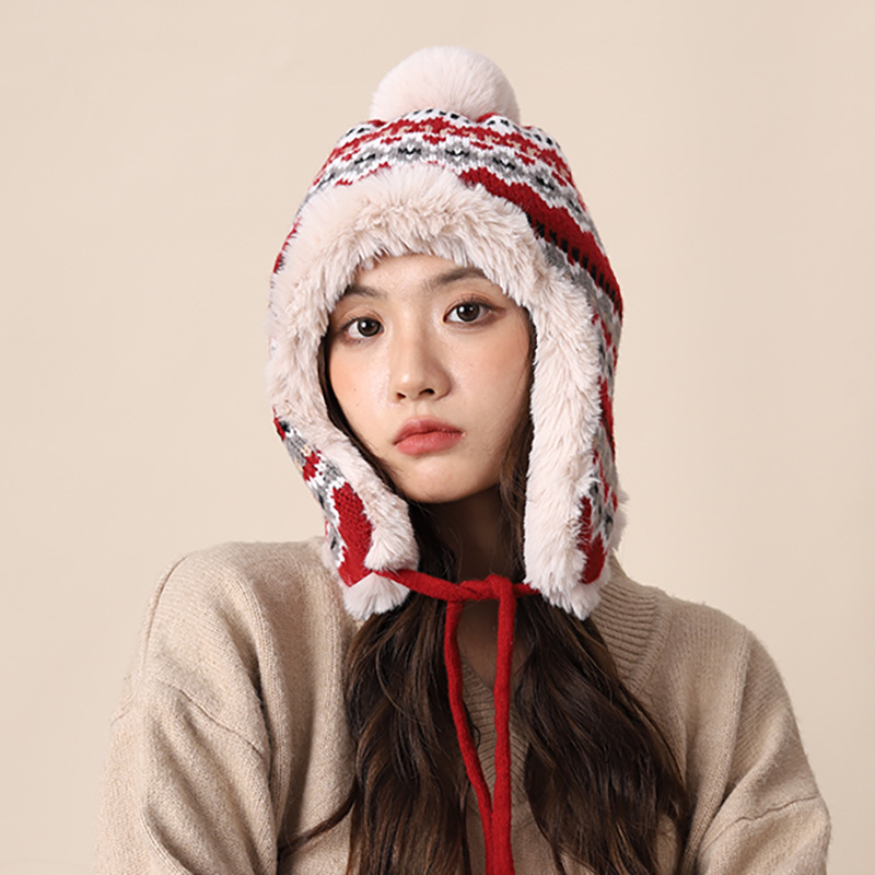 Knitted women in autumn winter, thickened warm, highlighting face and small ear protection, plush for cycling, cold_voghion.com