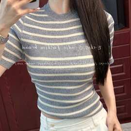 非市场货~深圳南油高端欧货女装经典条纹亚麻蚕丝短袖T恤上衣现货