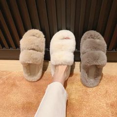 葡萄媽同款 加絨厚底平底一字仙女毛毛拖鞋外穿女春秋季新款