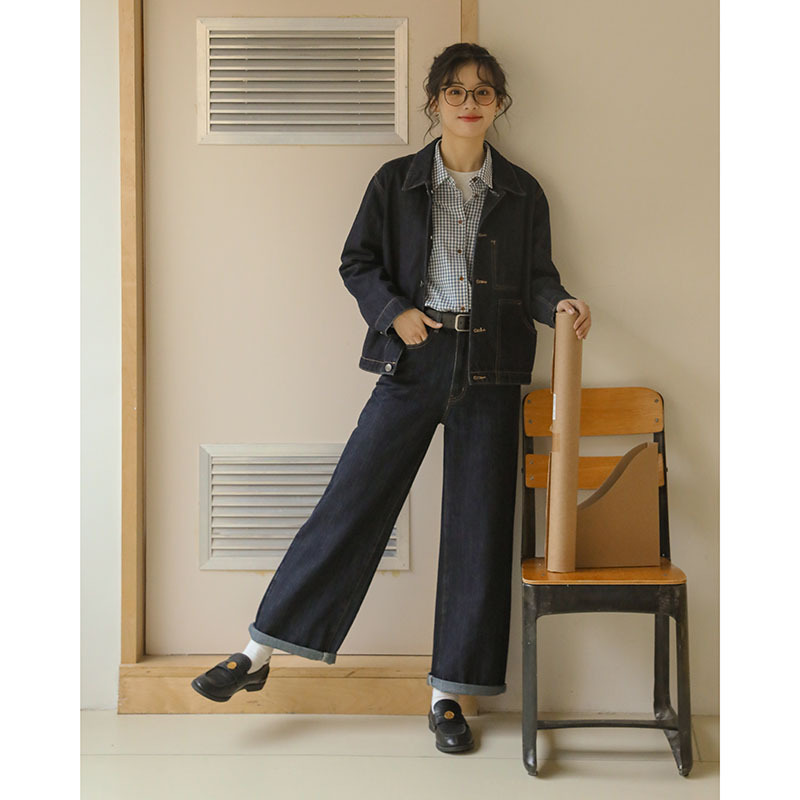 2025秋季新款日系文艺直筒休闲牛仔裤女高腰遮跨显瘦卷边阔腿长裤|undefined