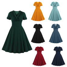 跨境外贸eabyV领女装复古气质抽褶收腰大摆连衣裙2125复古风短袖