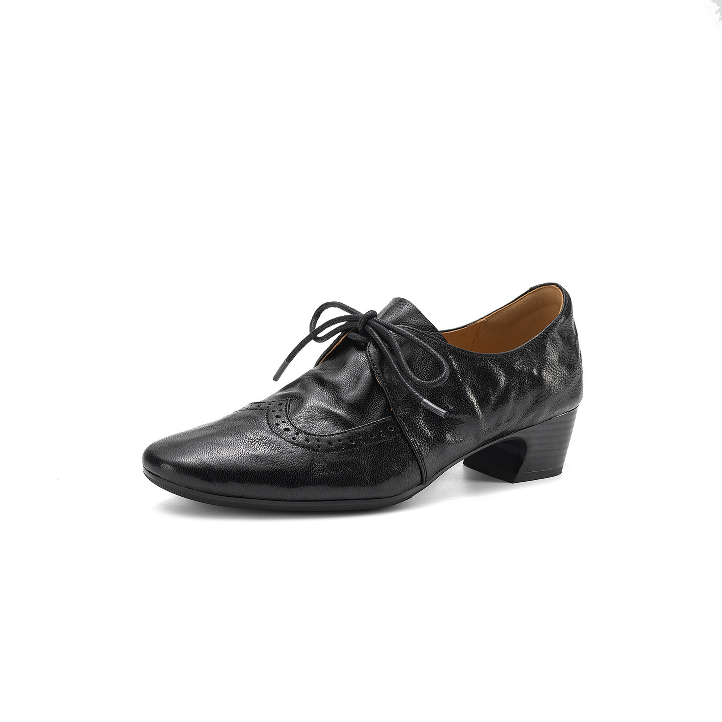 Giày loafer nữ da cừu buộc dây phong cách vintage, gót thấp vuông — màu nâu chi tiết 25