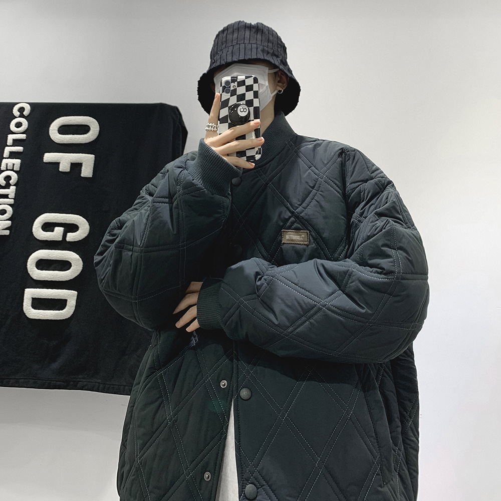 Estilo japonés rombo engrosada abrigo de invierno de los hombres ropa de algodón acolchado marca de moda suelta americana retro pareja desgaste herramientas de algodón acolchado ropa de moda