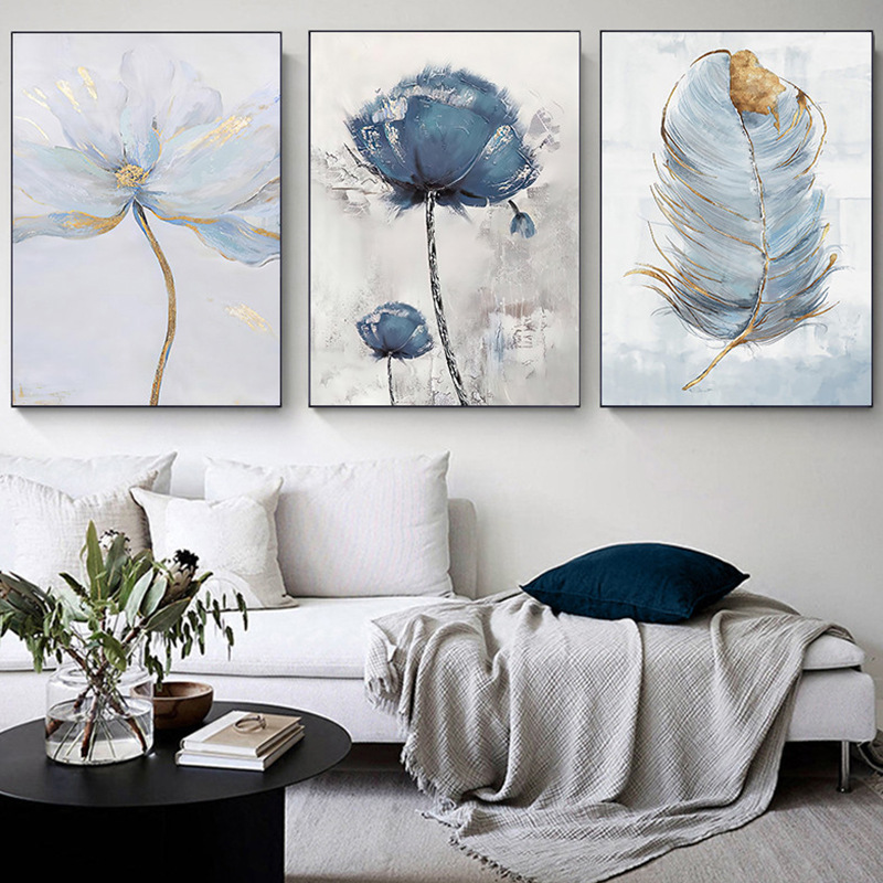 跨境抽象花卉無框裝飾畫客廳家居帆布畫噴繪畫芯三聯牆壁掛畫廠家