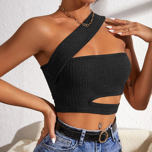 Cross-border foreign trade 2024 European and American fashion new sexy hollow knitted vest ultra short slanted shoulder wrap top