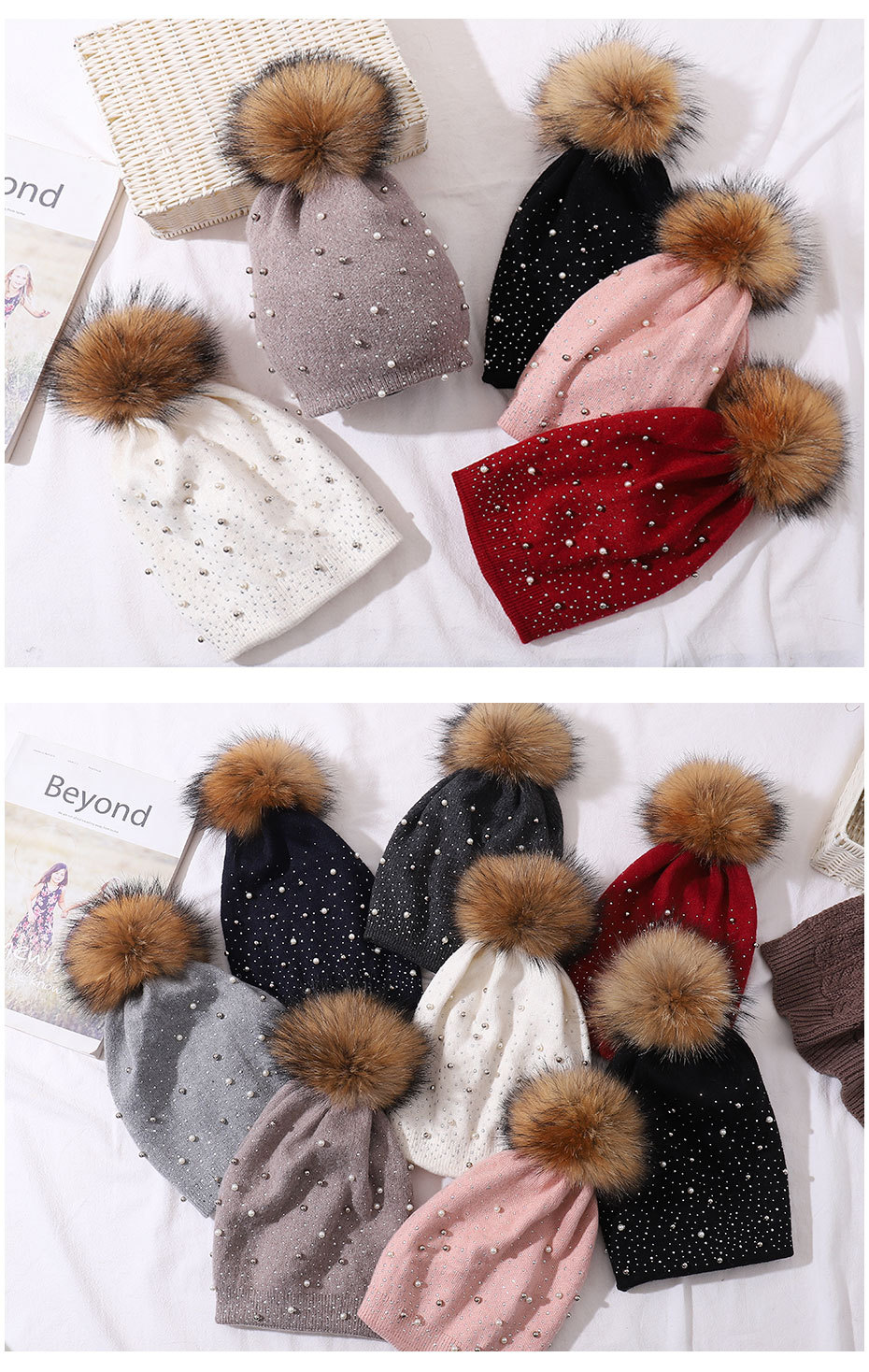 Perle de laine pour femmes pour la chaleur de l'hiver, chapeau tricoté en boule de fourrure de raton laveur, style pull à la mode pour femmes_voghion.com