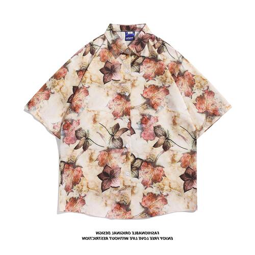 Men's and Women's Couple's Hawaiian Short-Sleeve Shirt, Summer Loose and Thin Polka Dot Beach Style Collared Top
