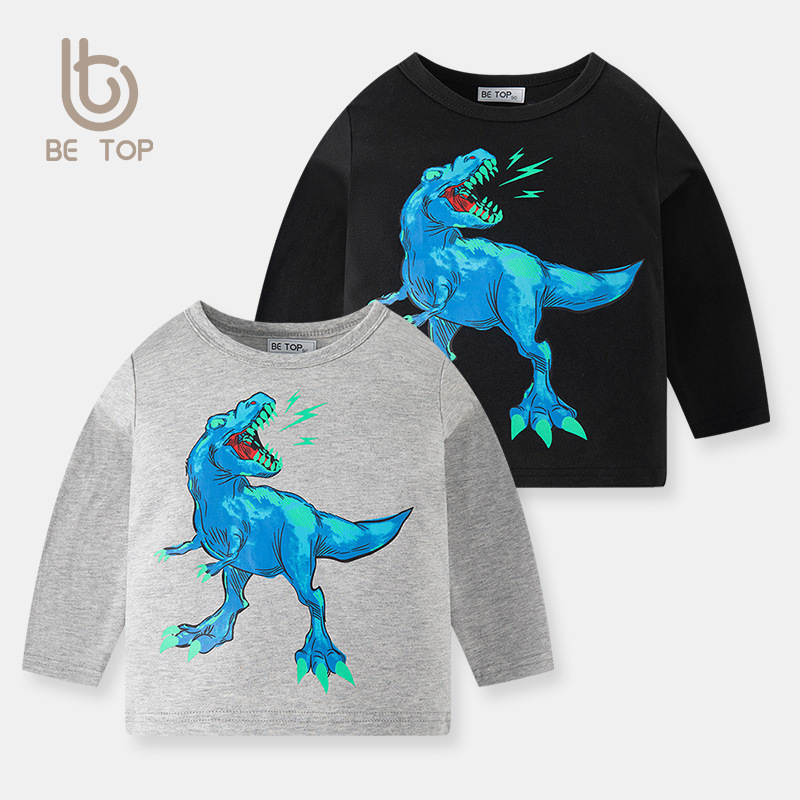 Muestras personalizadas be top ropa infantil de dibujos animados dinosaurios de algodón para niños camiseta de manga larga para niños camiseta de cuello redondo de otoño