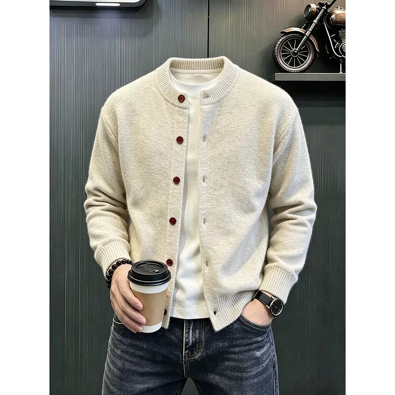 Khaki American-style cardigan sweater for men, a sophisticated and relaxed autumn/winter outerwear piece with a high-end knit jacket feel