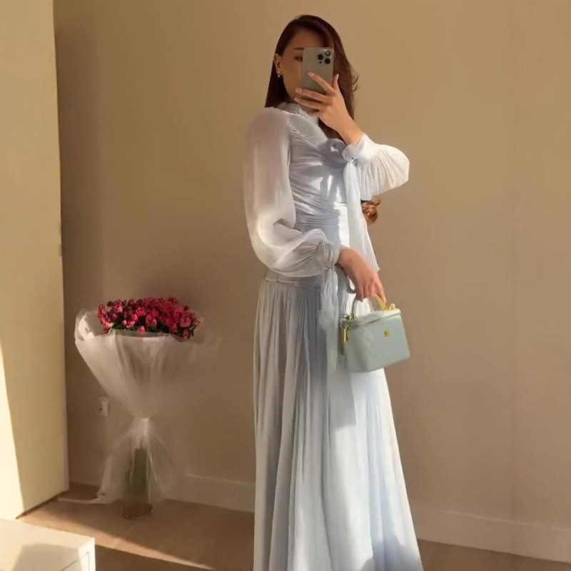 跨境欧美外贸女装2025秋季新款褶皱长袖裙收腰法式冷淡淑女连衣裙|undefined