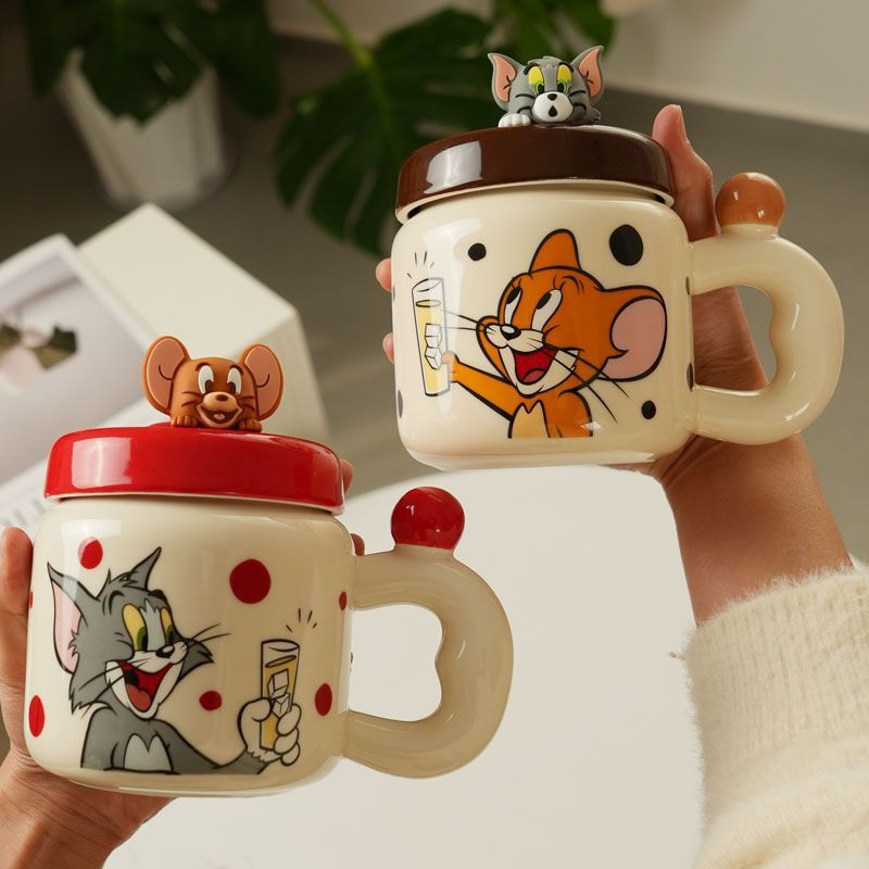 Taza de cerámica de gato y ratón con tapa, creativa, linda e interesante, personalidad especial, café con leche, taza de té con leche