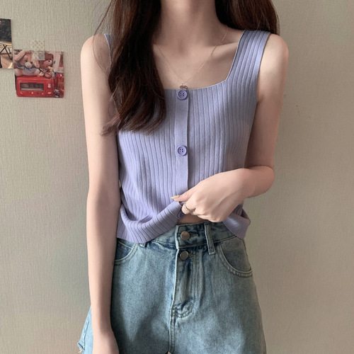 Knitted spaghetti strap top for women, suitable for spring and summer, trendy, fashionable for students, slimming, can be worn outside, square neck, innerwear, sleeveless t-shirt