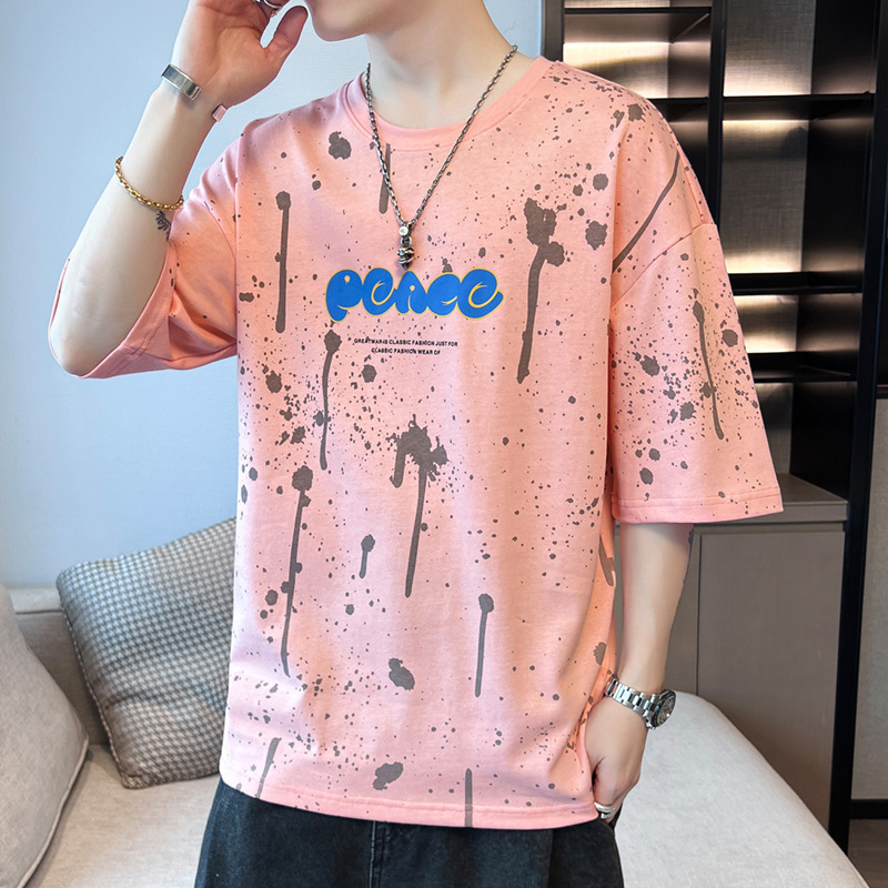 Camiseta de algodón de manga corta para hombres de verano nueva moda suelta cuello redondo medio manga casuales marca de tendencia puerto camisa de manga de cinco puntos