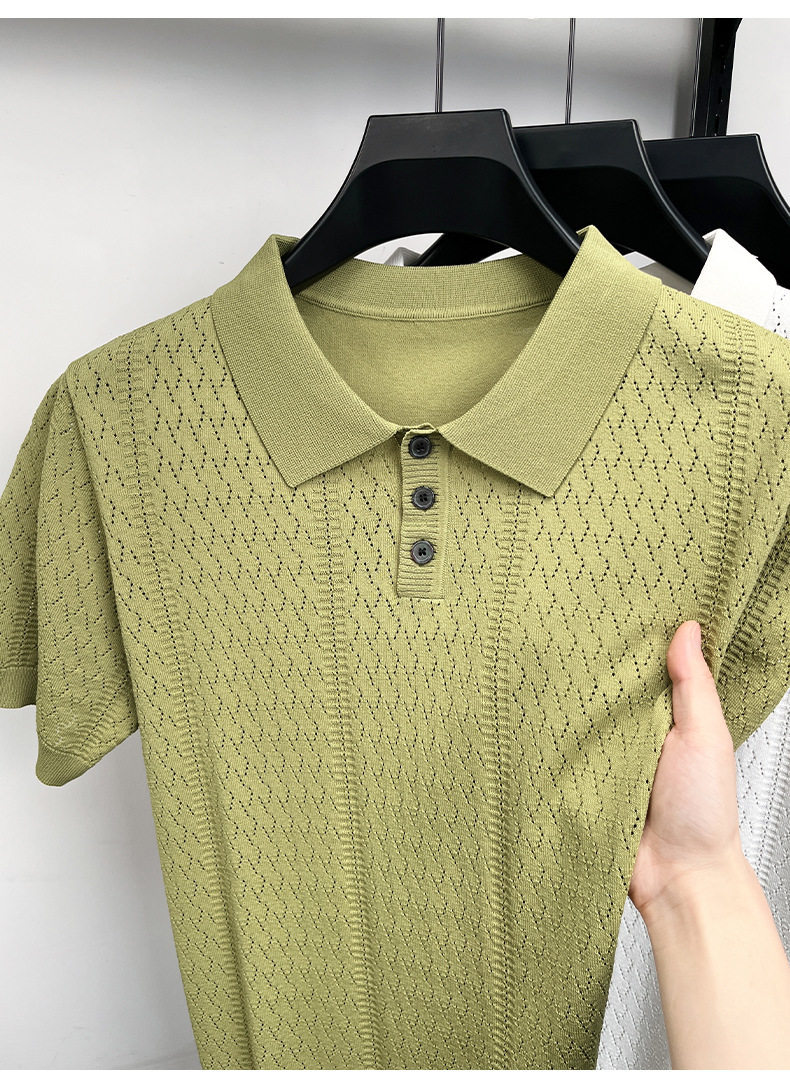 Men's Summer Cool Hollow Out Design Polo Shirt Luxury Style Elegant Retro Short Sleeve T-Shirt For Casual Wear_viptrois.com