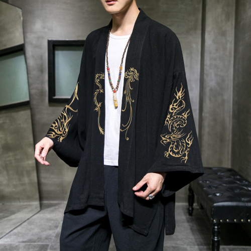 Chinese men Japanese cotton and linen embroidered cardigan men kimono tops