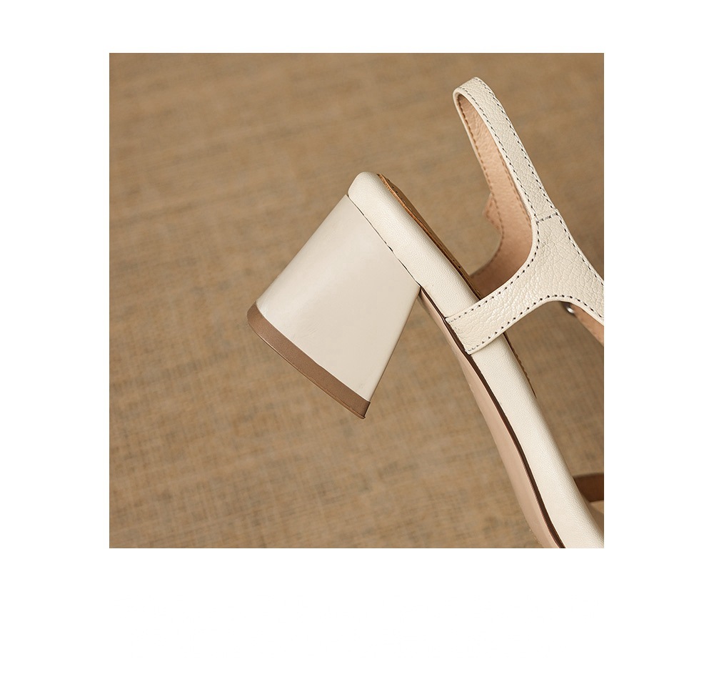 Sandal nữ hở mũi mũi vuông chất da dê, gót thô 5 cm, quai ngang một khóa, phong cách La Mã — màu be chi tiết 9