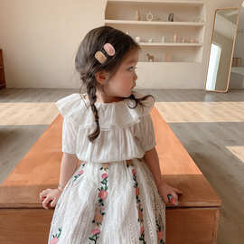韩版女童2024年夏季新款碎花清新可爱蕾丝娃娃短袖衬衣两件套套装