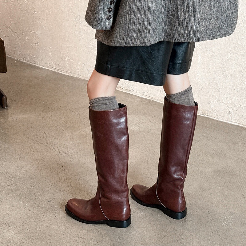 Full Texture! Full-Grain Leather! Women's Low-Heeled Genuine Leather Knee-High Boots, Straight High Boots