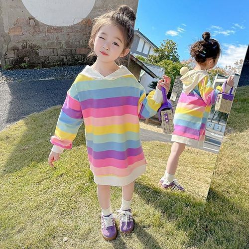 Girls' Health Check Dress 2025 Autumn Baby Girls Korean Version Stylish Medium Length Rainbow Striped Children's Dress