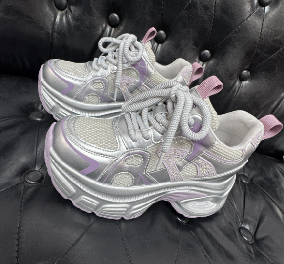 Giày sneaker dad đế dày nữ lưới thoáng khí tăng chiều cao đính đá — M2833 màu be, M2833 màu bạc chi tiết 10