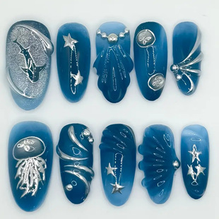 Cross-Border Hot-Selling Handmade Nails European and American Wearable Nails Sweet and Cool Rhinestones Flashing Contrasting Color Almond High-End Nail Polish Finished Products