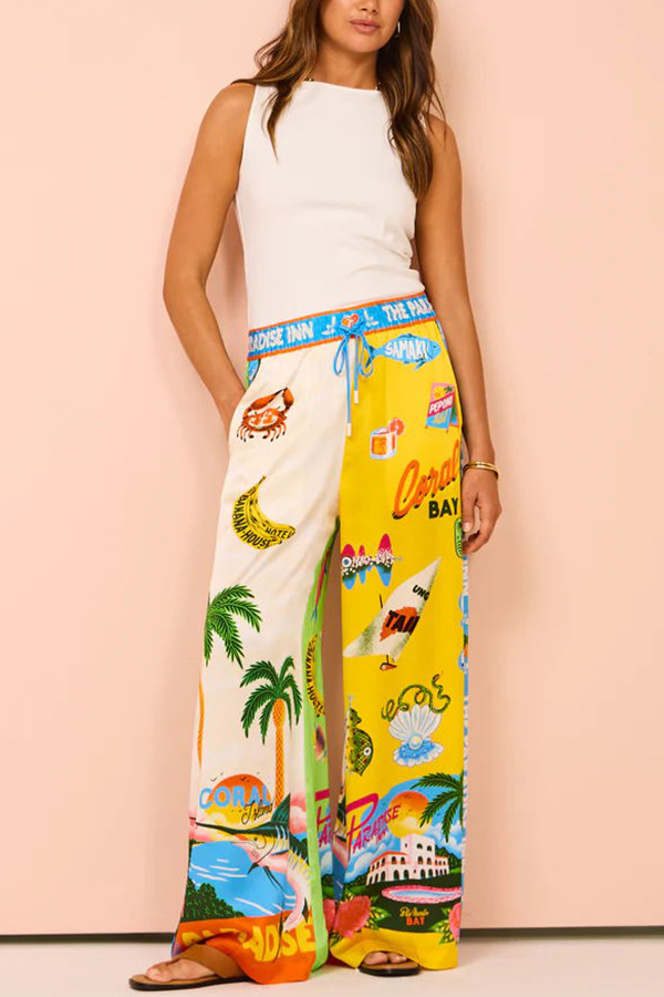 Turndown Neckline Holiday Women's Streetwear Cartoon Polyester Printing Pant Co-ord Set Pants Sets