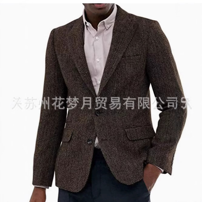 New Amazon Men's Retro Suit Men's Herringbone Single Jacket Men's Suit Slim Fit plus size Coat