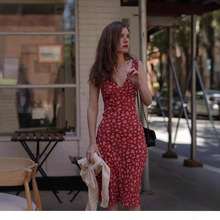 16姆米双绉真丝连衣裙 100%桑蚕丝红色碎花V领法式复古斜裁度假风