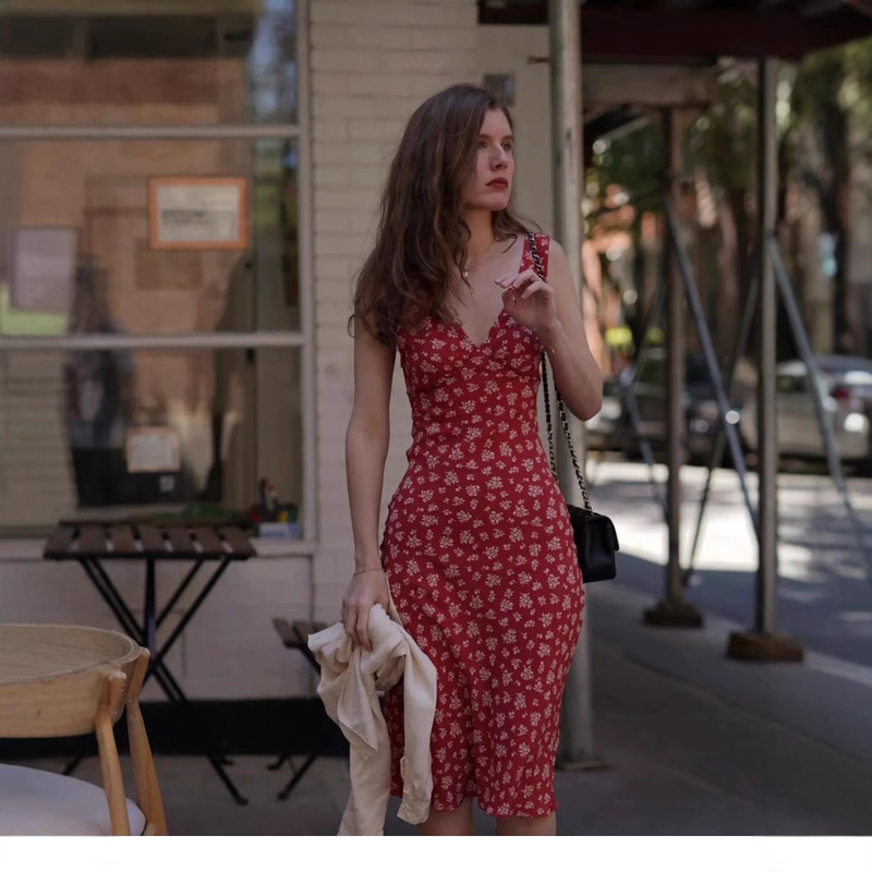 16mm Crepe De Chine Silk Dress 100% Mulberry Silk Red Floral V Neck French Retro Bias Cut Holiday Style