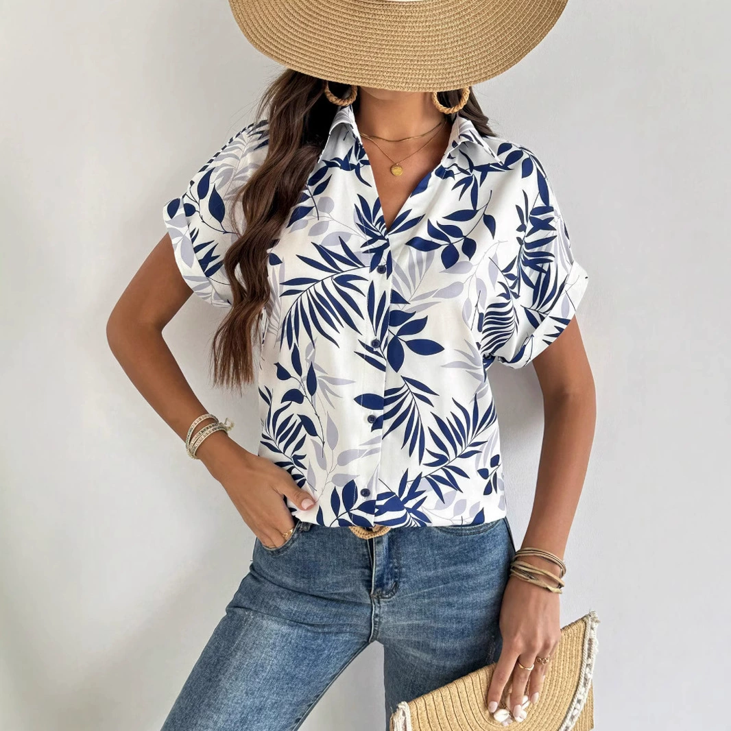 Женские летние рубашки с коротким рукавом, европейский и американский стиль, с принтом, популярные на Amazon в 2025 году (международная торговля)