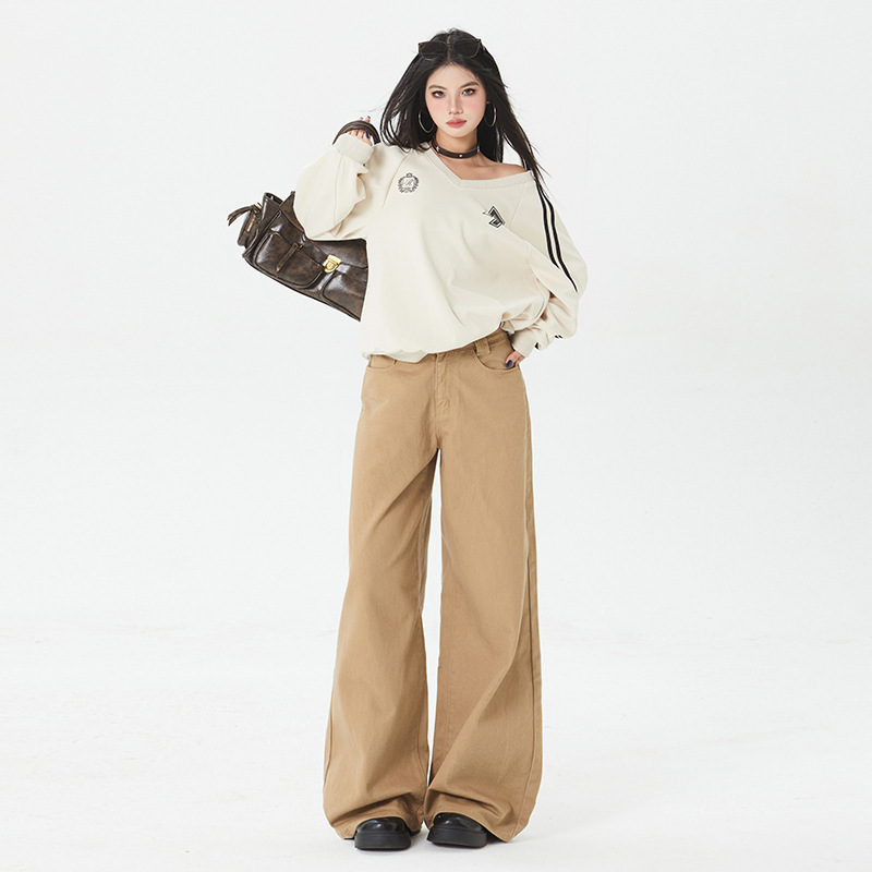 American Khaki Brown Wide-Leg Jeans for Women 2025 New Spring & Fall High-Waisted Slimming Look Draped Loose Floor-Length Pants