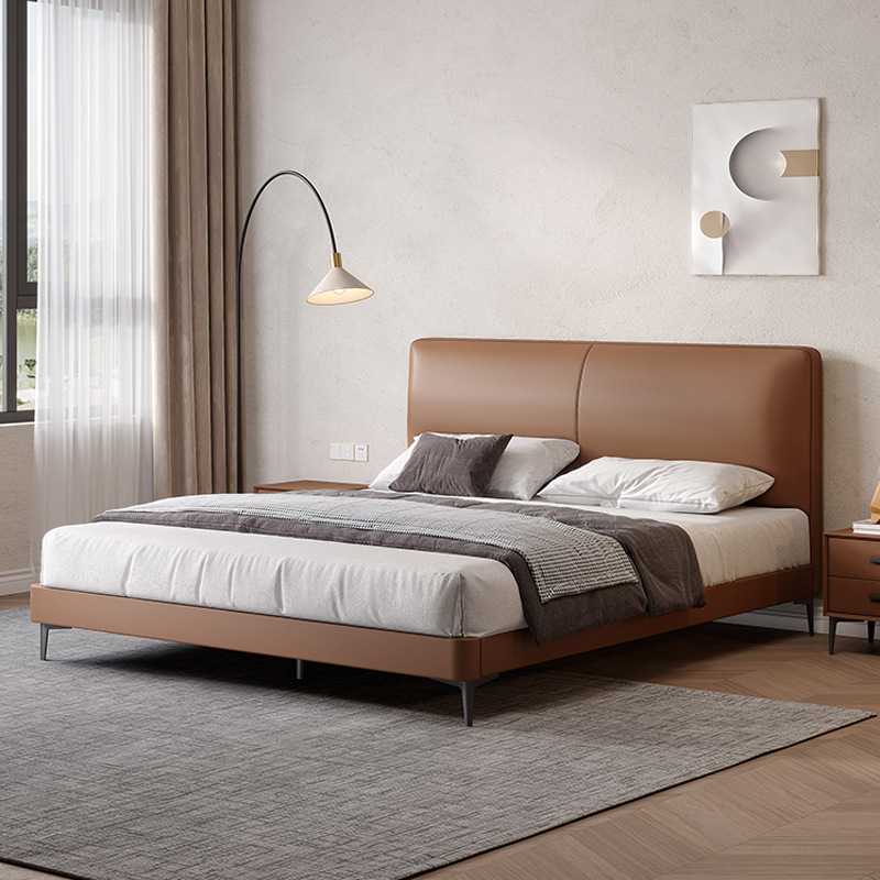 Italian minimalist leather bed modern simple luxury leather bed double bed small apartment solid wood upholstered master bedroom leather art bed 