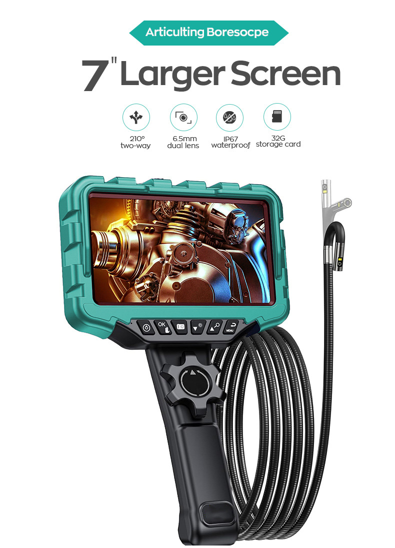 Industrial endoscope, dual lens, 360° rotatable, 7 inch screen, HD
