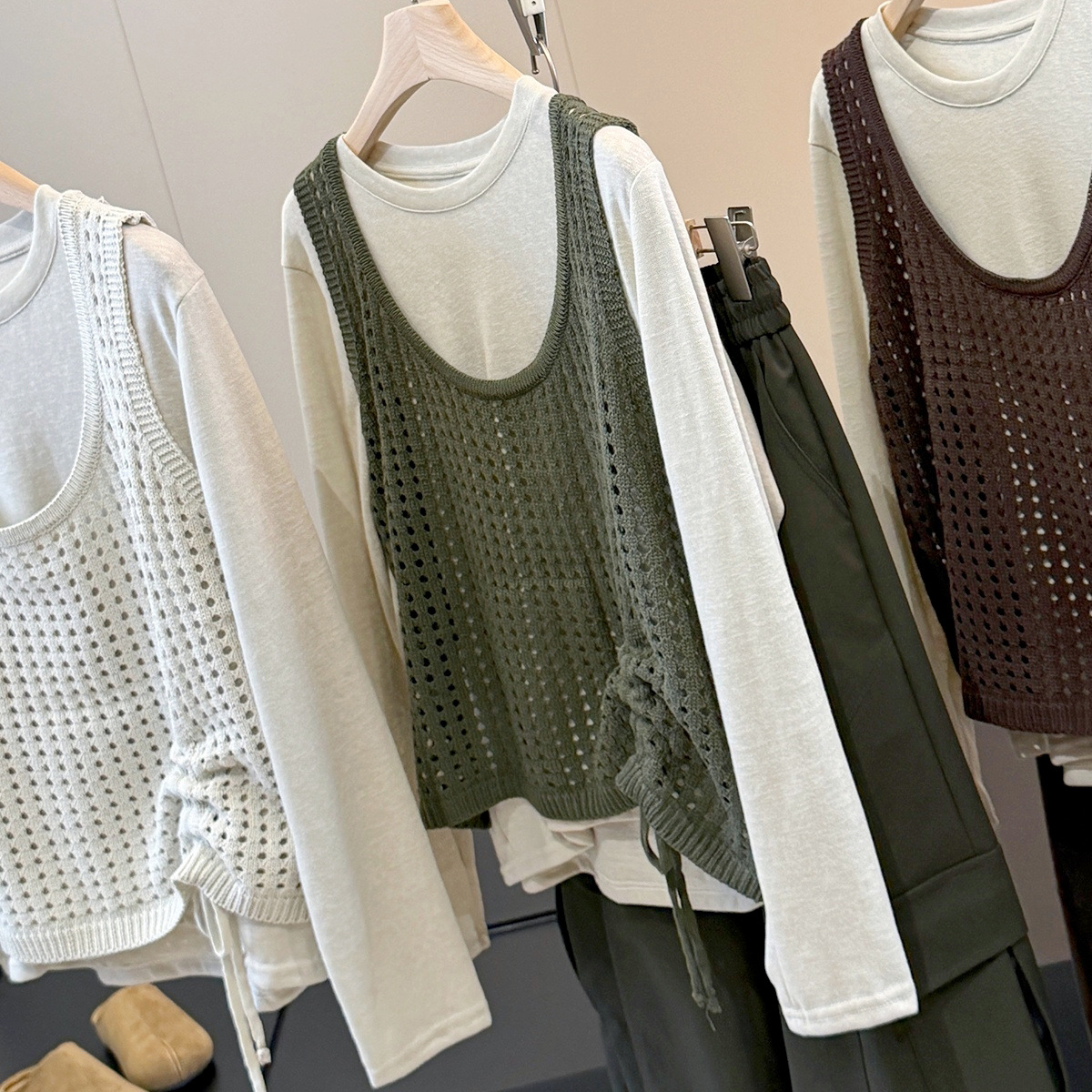 Drawstring Hollow-out Round-neck Sleeveless Knitted Vest Layered With...