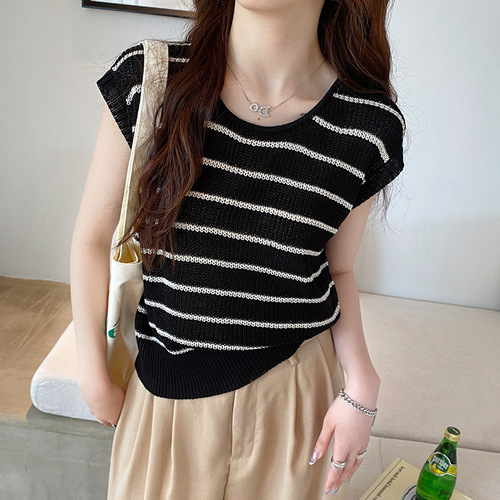 Knit Striped Tank Top for Women, Underwear for 2025 Summer, Loose Sleeveless T-shirt, Wearable Small Sleeve Top