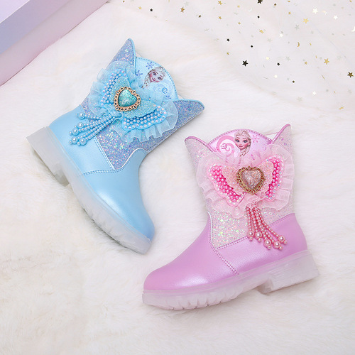 Children's Leather Boots Pink Barbie Princess Girls' Sparkling Bowknot Beaded Warm High-Cuffed Cotton Boots Direct Manufacturer Supply