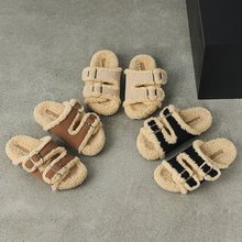 外贸跨境大码现货秋冬新款平底棉拖女鞋毛毛拖一字加绒休闲百搭潮