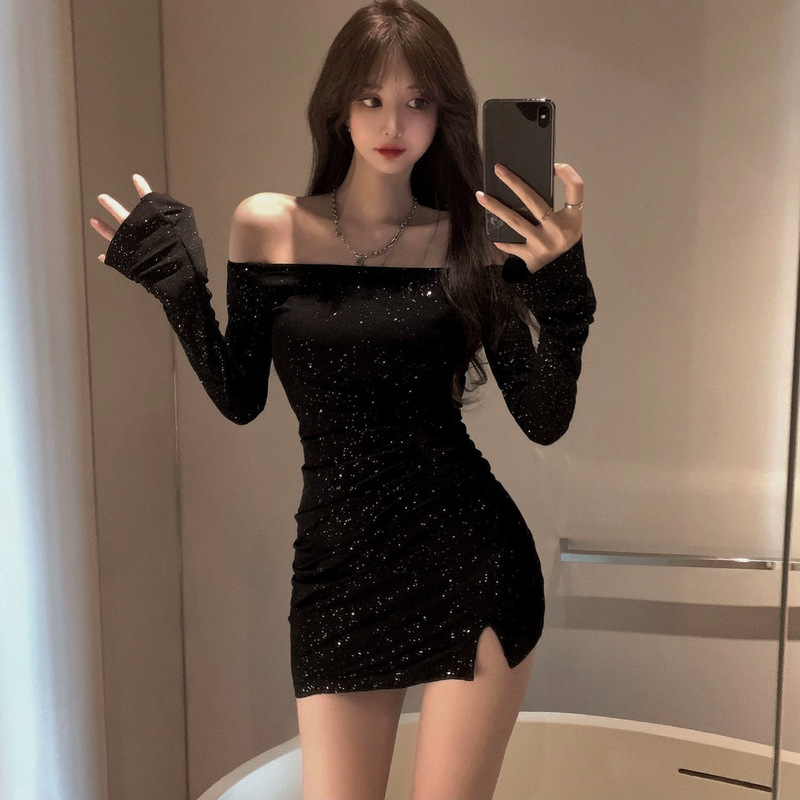 Shoulder dress Women's Slim-fit Diamond-studded Long-sleeved Irregular Hip Skirt Early Autumn 2024 New Black Skirt