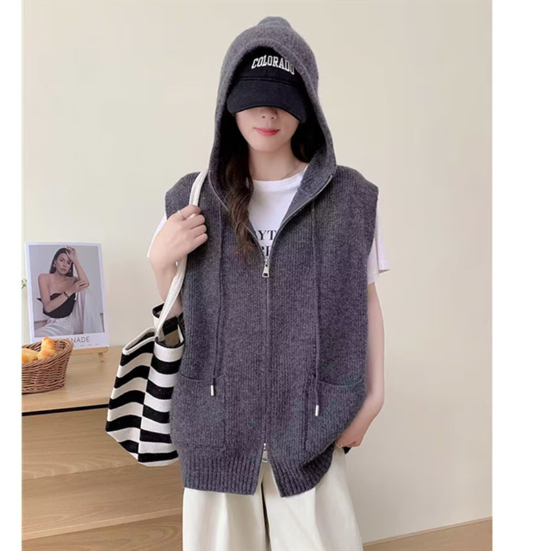 Drawstring Sleeveless Hooded Zipper Pocket Knitted Vest Women's Cardigan Autumn and Winter New Loose Layered Sweater Vest Women