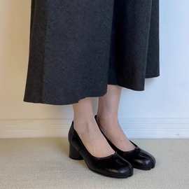 羊皮版~复古真皮分趾方头粗跟玛丽珍鞋女配裙子浅口通勤黑色单鞋