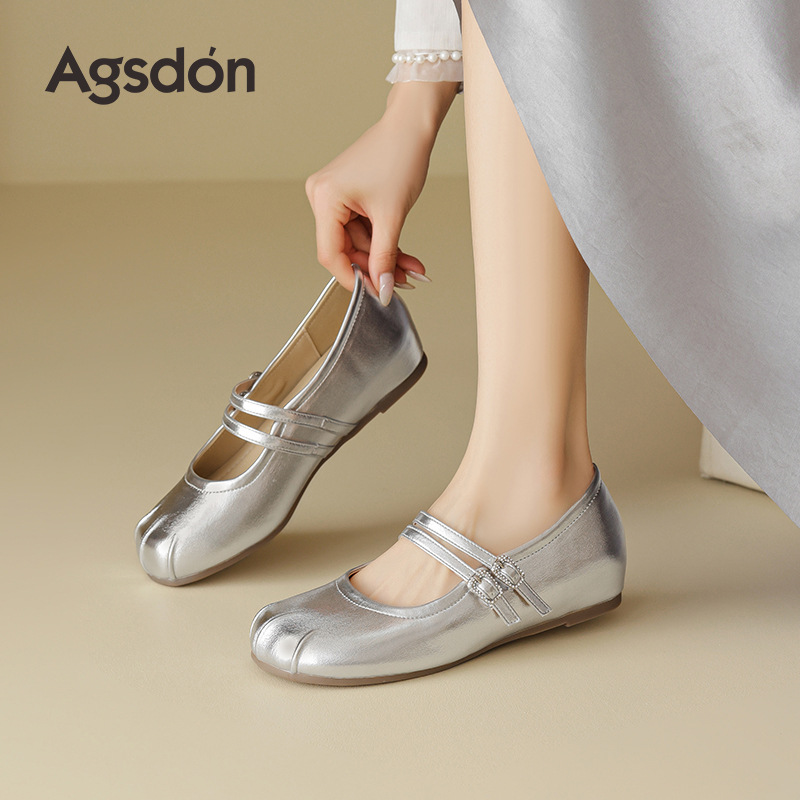 Augusden Mary Jane Shoes for Women 2026 Summer New Style Ballet-Style Flat Shoes to Wear with Skirts Silver Leather Shoes