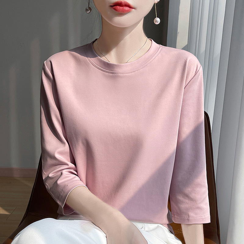 Crewneck mercerized cotton seven-sleeve T-shirt women's 2025 spring and summer new temperament all-match cotton base shirt half sleeve women
