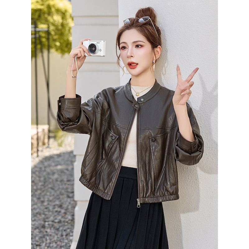 Haining genuine leather jacket for women 2026 spring and autumn new style, high-end and elegant, stand-up collar, sheepskin short leather jacket