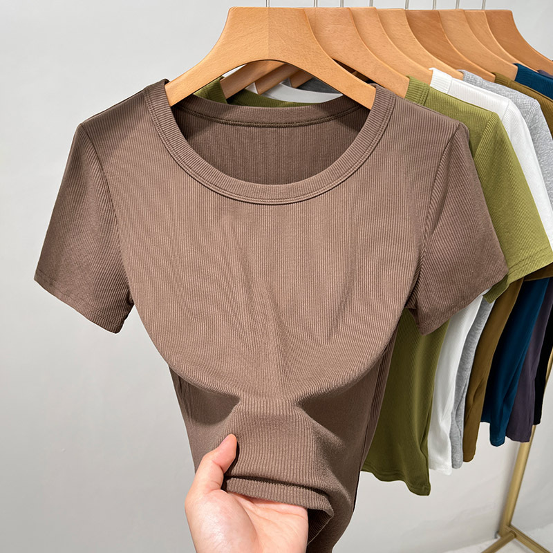 T-shirt de mangas cortas de rosca para mujeres 2025, nueva ropa de mujer de color sólido con camiseta de base elegante de cuello redondo de cintura