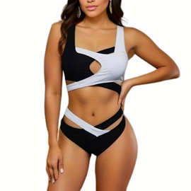 欧美外贸比基尼泳装2023新款拼色性感分体女士bikini坑条泳衣现货