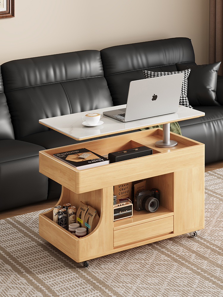 Solid Wood Mobile Coffee Table Small Apartment Living Room Home Sofa Side Cabinet Liftable Snack Trolley Bus Side Cabinet
