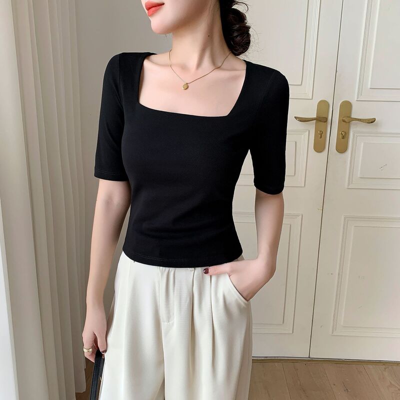 Black Square Collar Mid-Sleeve T-Shirt Women's Spring and Autumn New Rib Inner Design Sense Slim-Fit Slimming Solid Color All-Match Top Black Square Collar Mid-Sleeve T-Shirt Women's Spring and Autumn New Rib Inner Design Sense Slim-Fit Slimming Solid Color All-Match Top