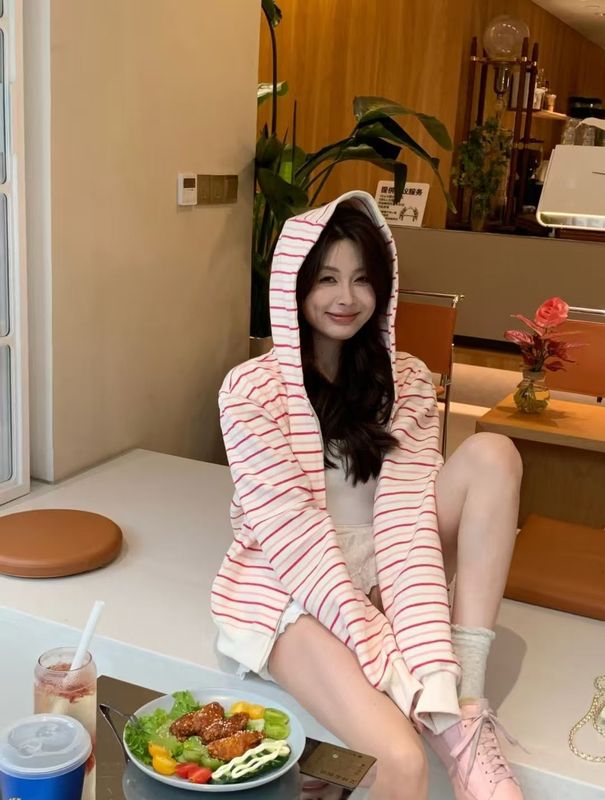 港风chic条纹连帽拉链开衫卫衣女春秋宽松oversize学院风百搭外套|undefined